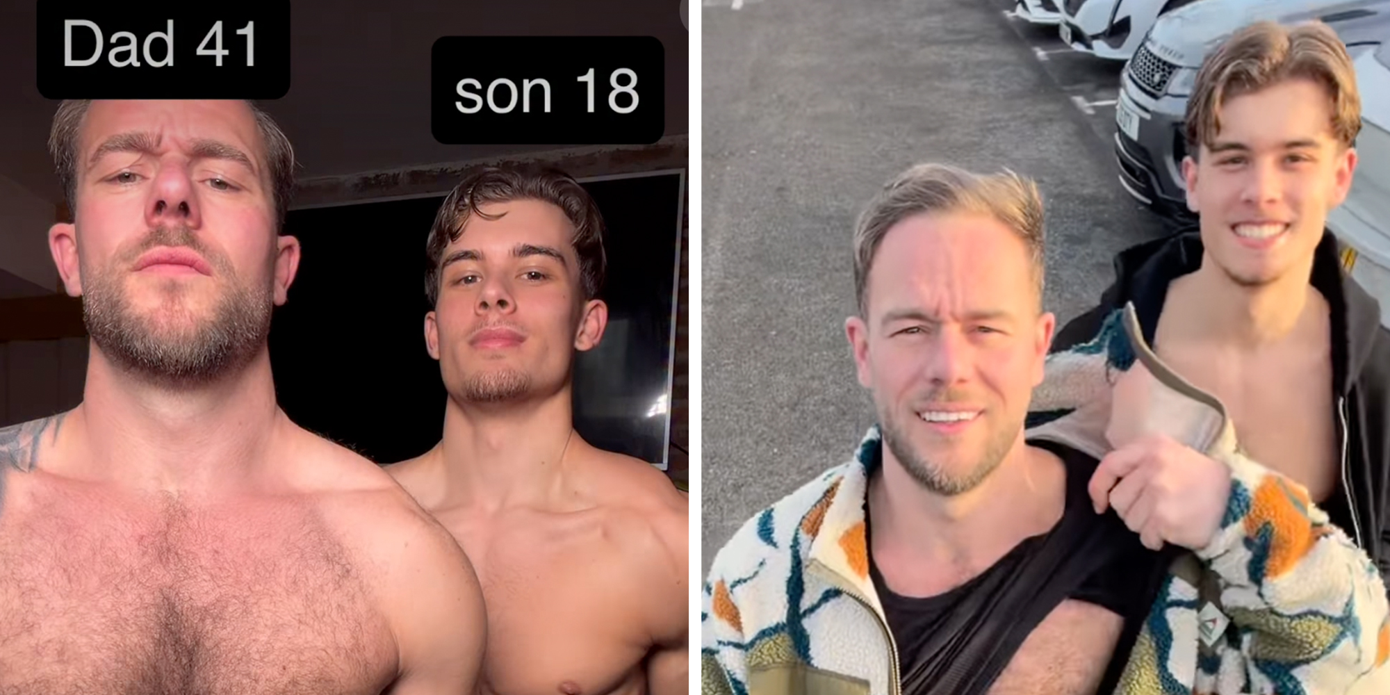 Left: Two shirtless men, father and son, text over older man's head reads "Dad 41," text over younger man's head reads "Son 18." Right: Father and son walking through a parking lot, lifting their shirts up.