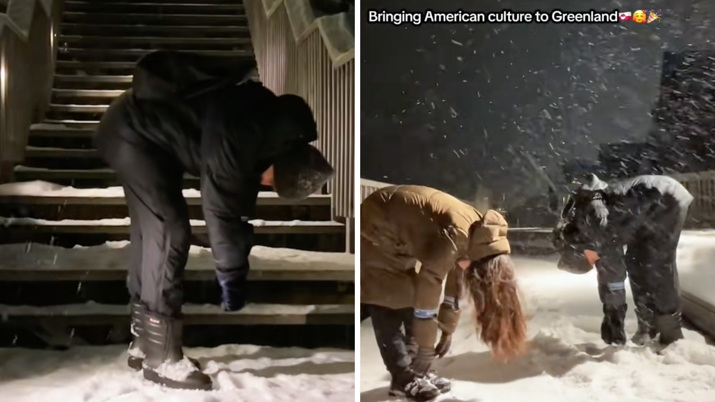 Greenlander man and woman in the snow bent over at the hip with their arms and head hanging, satirizing the "fentanyl fold." Text overlay reads, "bringing American culture to Greenland."