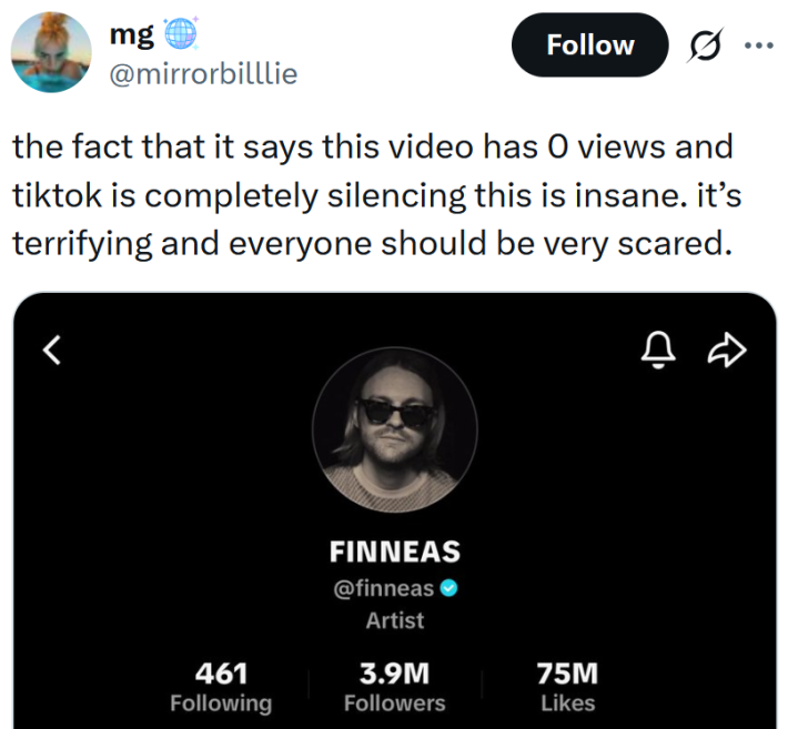 Tweet reading "the fact that it says this video has 0 views and tiktok is completely silencing this is insane. it’s terrifying and everyone should be very scared."