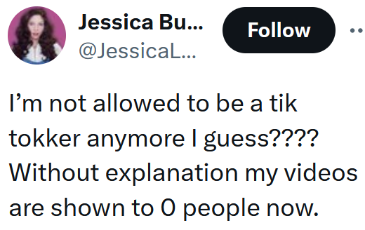 Tweet reading "I’m not allowed to be a tik tokker anymore I guess???? Without explanation my videos are shown to 0 people now."