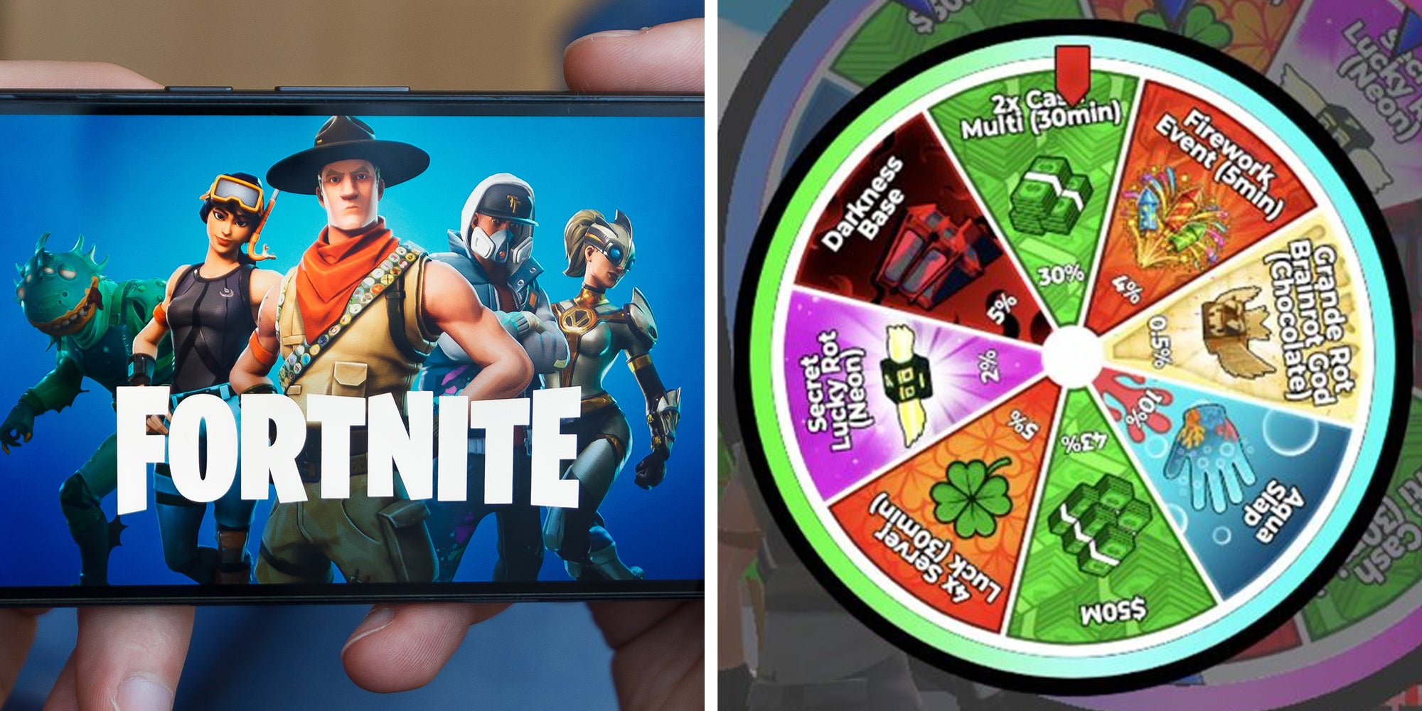 Left: Man holding a smartphone and playing the Fortnite game on the smartphone screen. Right: Gambling style wheel in "Steal The Brainrot," a developer game within the Fortnite video game.