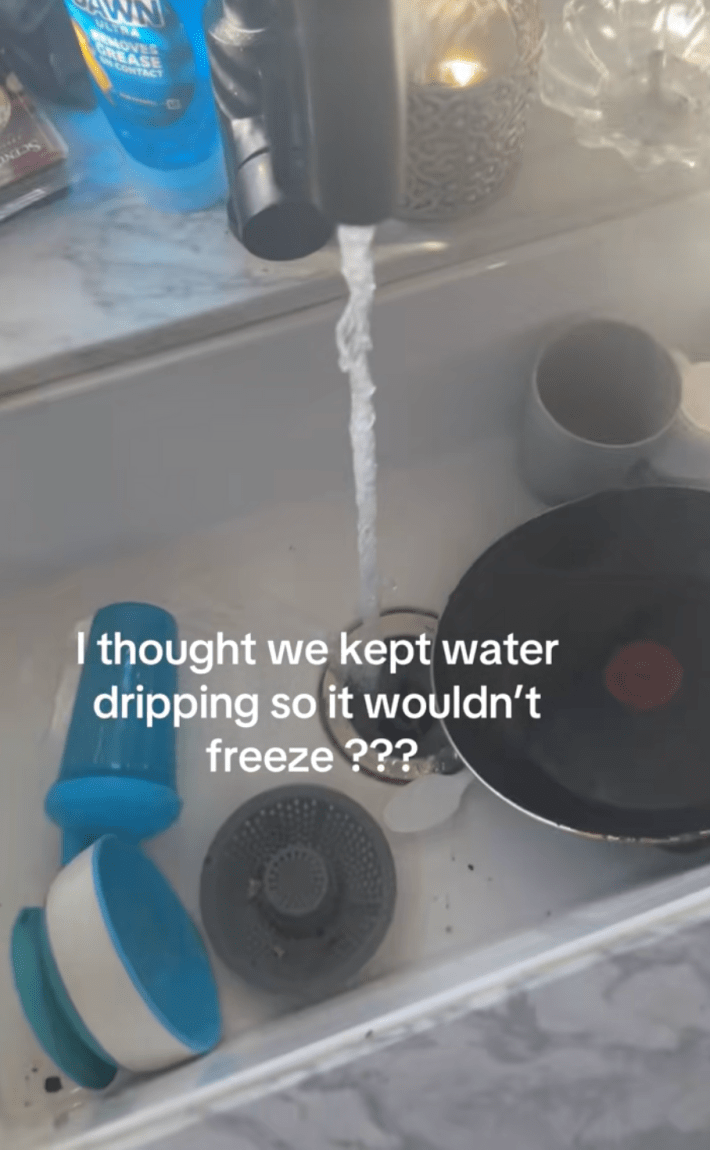 @peachie.peach21/TikTok frozen water coming from a running faucet with onscreen text: "I thought we kept water dripping so it wouldn't freeze???"