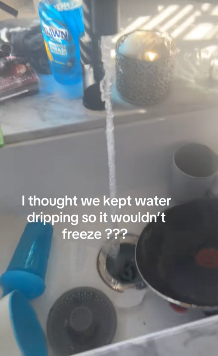 @peachie.peach21/TikTok frozen water coming from a running faucet with onscreen text: "I thought we kept water dripping so it wouldn't freeze???"