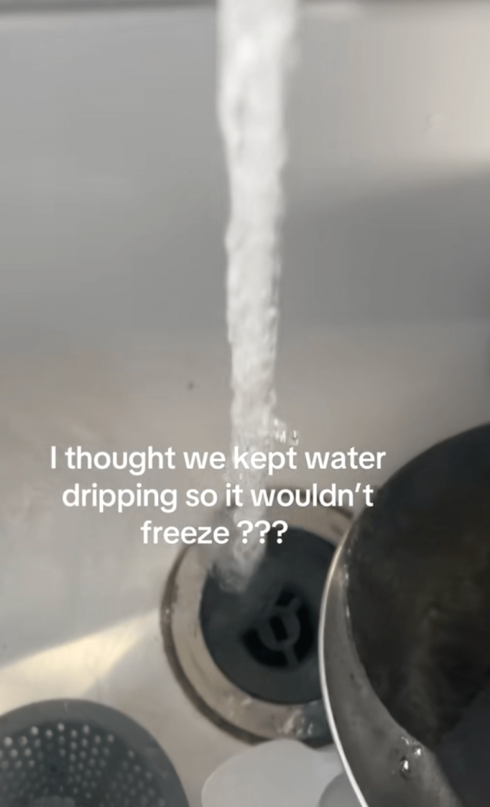 @peachie.peach21/TikTok frozen water coming from a running faucet with onscreen text: "I thought we kept water dripping so it wouldn't freeze???"