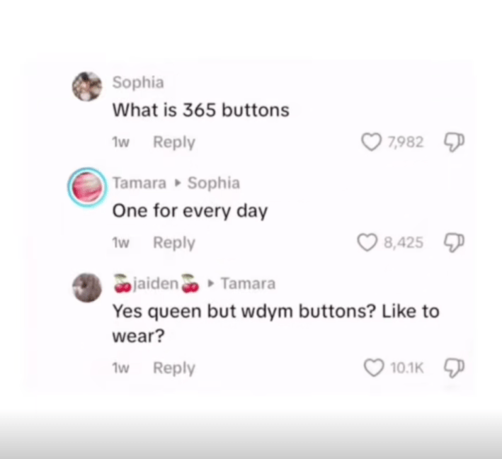 The random, quirky mention of “365 buttons” caught the attention of others on the thread. One user asked, “What is 365 buttons?” Tamara responded, “One for every day,” as if the detail could clear up any confusion. She explained the buttons represent the passage of time and remind her to “have fun and do a lot of stuff.” Others asked for further clarification about the cryptic New Year’s resolution until Tamara lost her patience and replied, “Hey so it actually only has to make sense to me for me to do it and I don’t feel like explaining it to anyone else.”