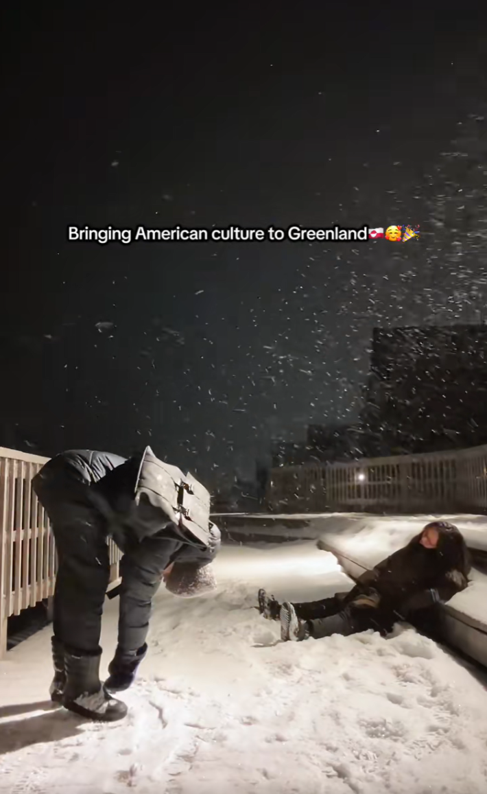 Video of two people pretending to be "American" addicts. Text overlay reads, "Bringing American culture to Greenland."