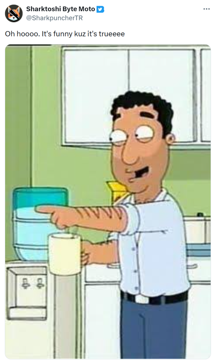 Tweet that reads, "Oh hoooo. It's funny kuz it's trueeee," and attached a Family Guy image of Fouad pointing and laughing.