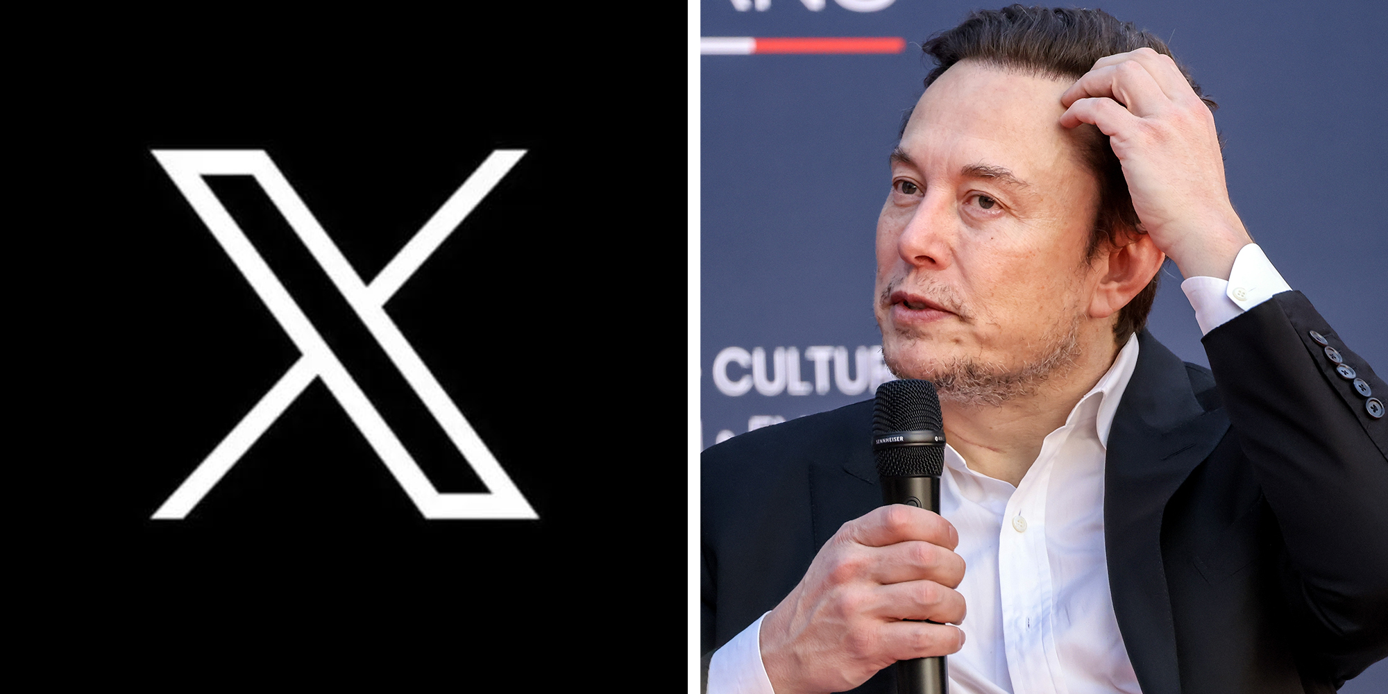 Left: Logo for social media app X- white on black. Right: Elon Musk, chief executive officer of Tesla Inc., speaks during the Atreju convention in Rome.