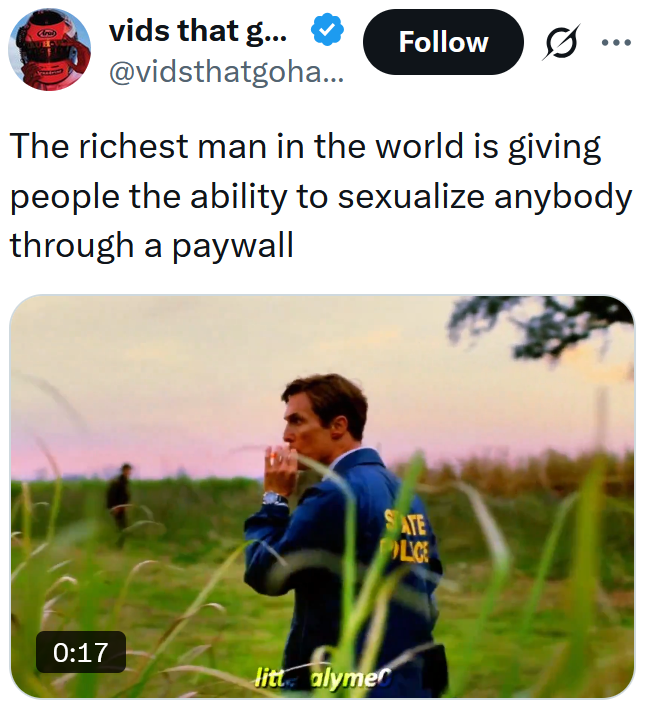 Tweet reading "The richest man in the world is giving people the ability to sexualize anybody through a paywall" with a clip of a smoking state police officer.