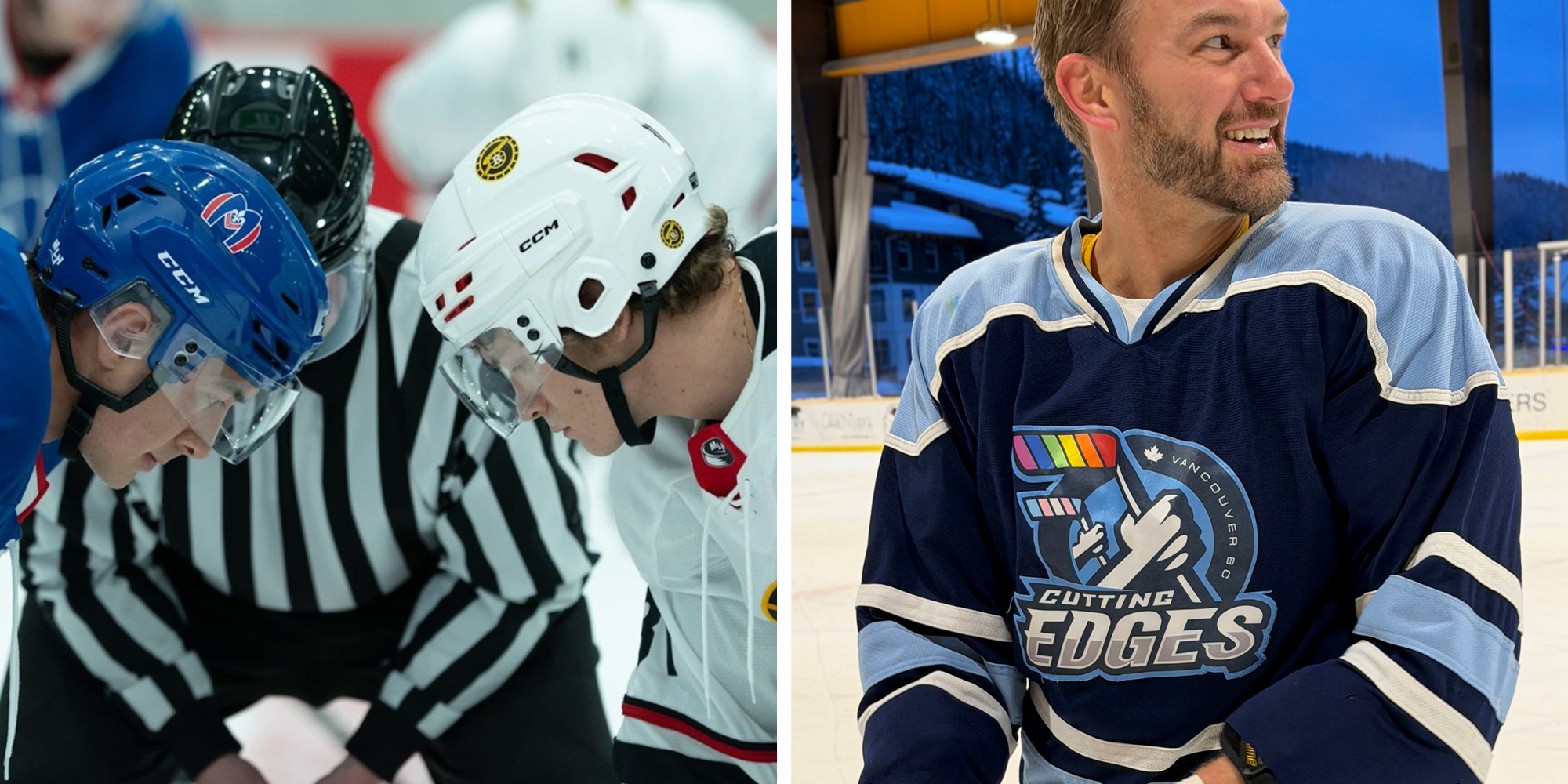 Left: Screenshot from HBO's "Heated Rivalry" showing two hockey players head to head on the ice, a referee behind him. Right: Hockey Player Jesse Kortuem wearing a hockey jersey on the ice, smiling.