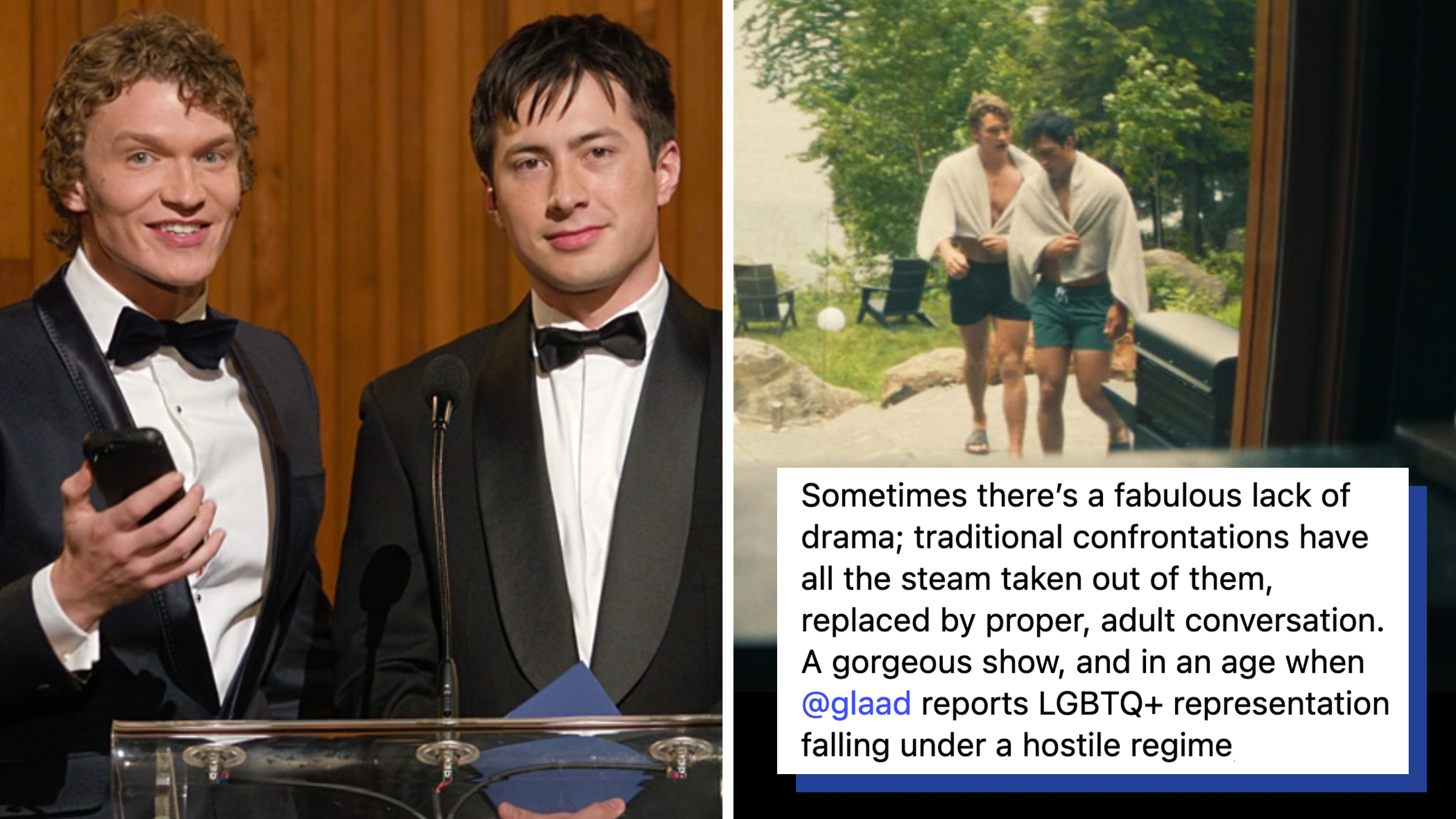 cast of heated rivalry in suits on stage vs casual in bathing suits