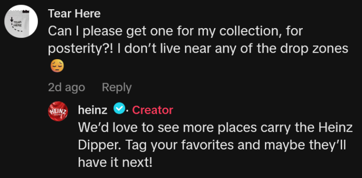 TikTok comment reading "Can I please get one for my collection, for posterity?! I don’t live near any of the drop zones" and OP reply.
