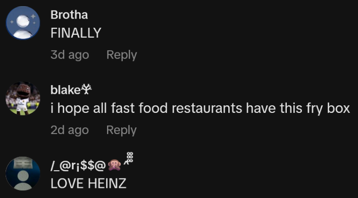 TikTok comments including one reading "i hope all fast food restaurants have this fry box"
