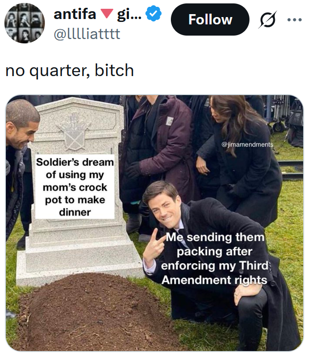 Tweet reading "no quarter, bitch" with a man posing next to a grave meme.