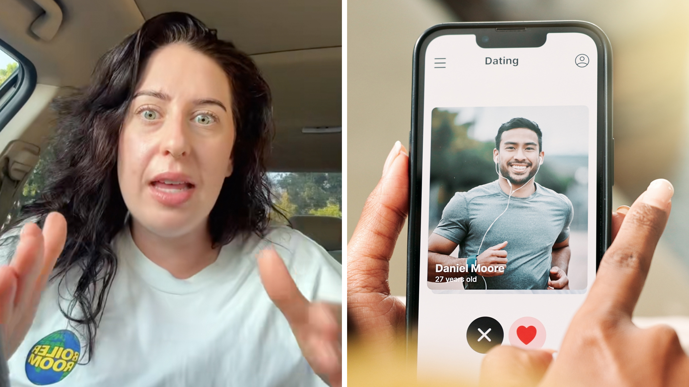 Left: Brunette woman in a white t-shirt sitting in the car and looking into the camera with her eyes wide. Right: Hands holding a Hinge dating app with a man's profile picture visible.