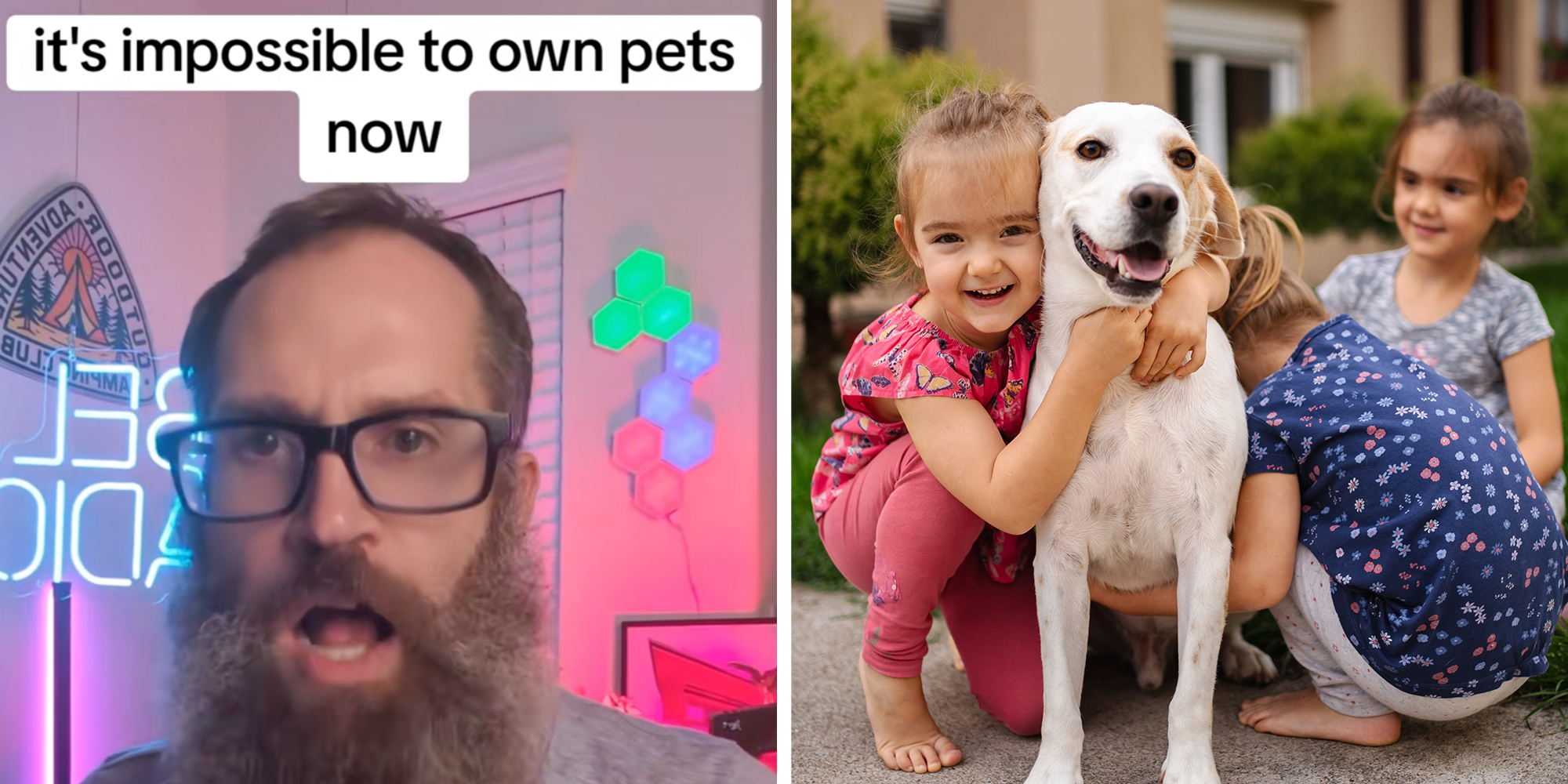 Left: Man looking into the camera wearing glasses, text overlay reads, "It's impossible to own pets now." Right: Children joyfully playing with a friendly dog in a sunny yard.