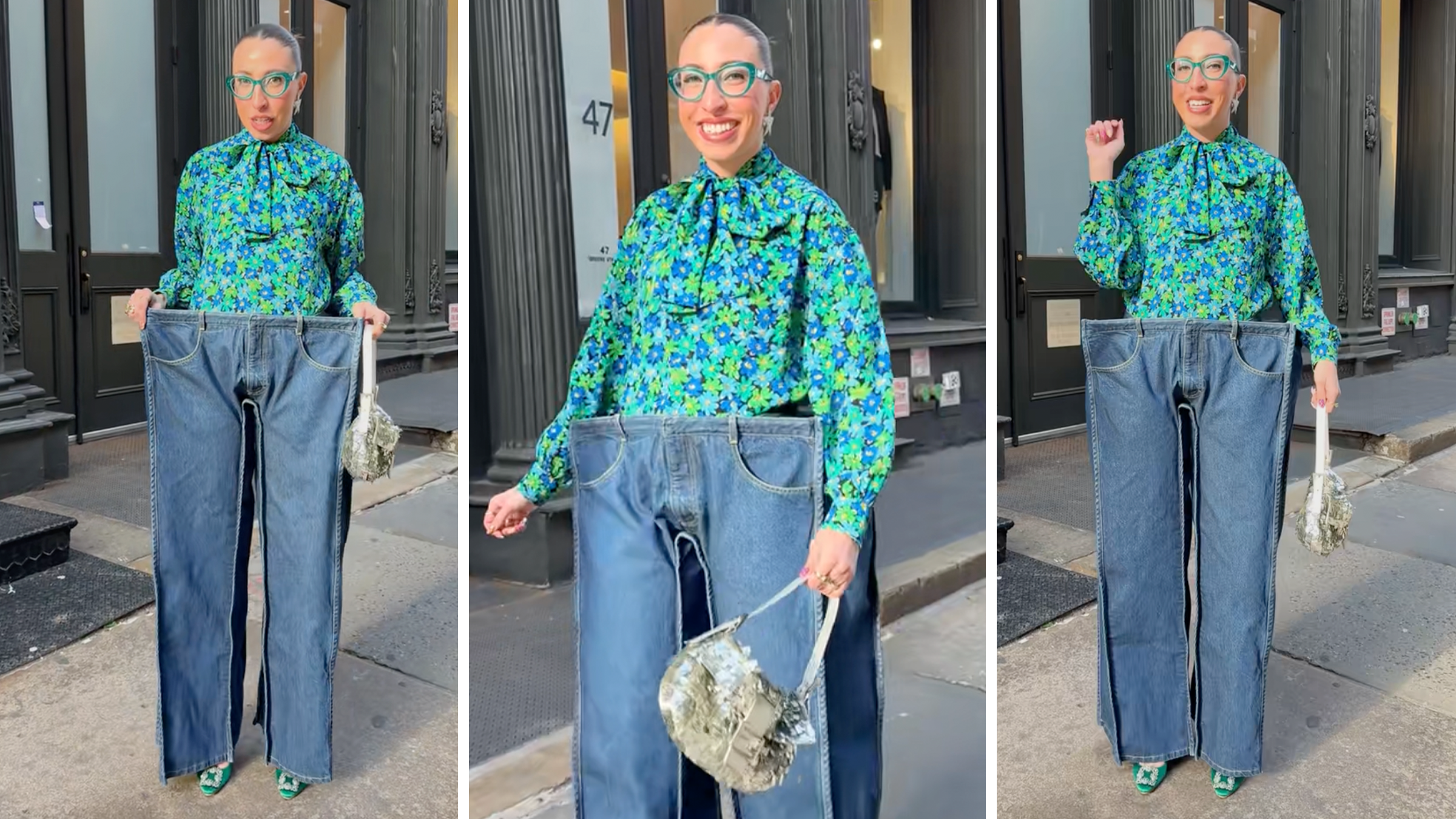 influencer wears square jeans