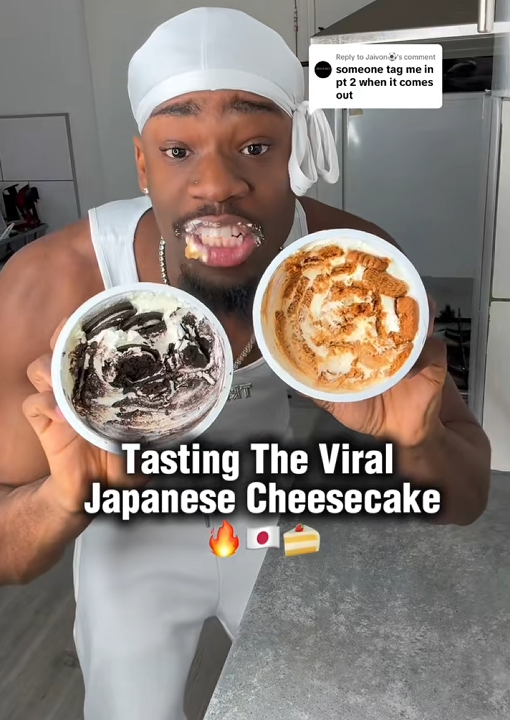 TikTok video of a man showing the results of two versions of Japanese cheesecake with yogurt and cookie on his lips.