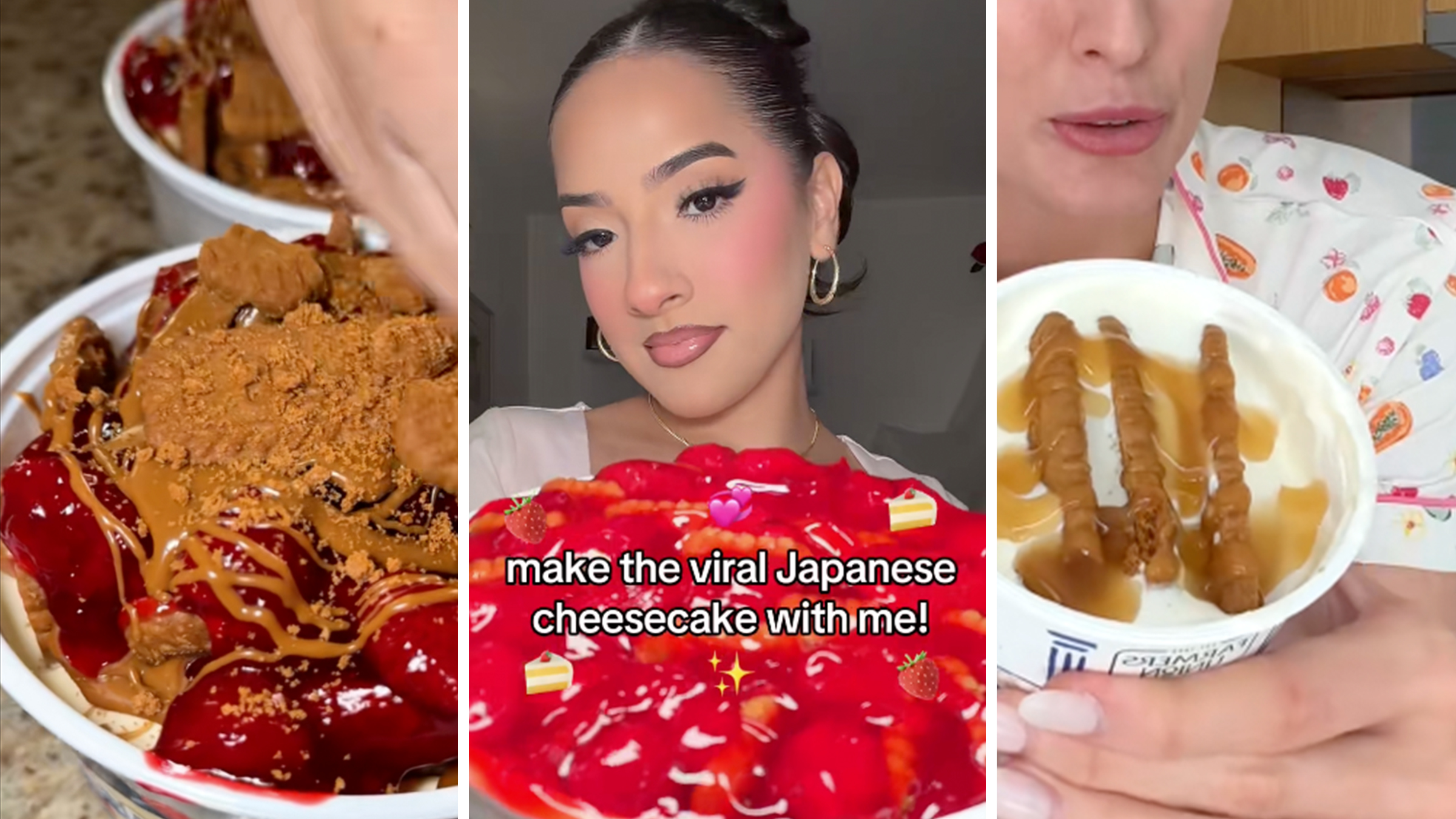 3 panel: Left: 2 Japanese Cheesecakes. Middle: Woman looking into the camera holding a "Japanese cheesecake," visible red cherries, text overlay reads, "Make the viral Japanese cheesecake with me." Right: Woman holding a tub of Philadelphia Cream Cheese.