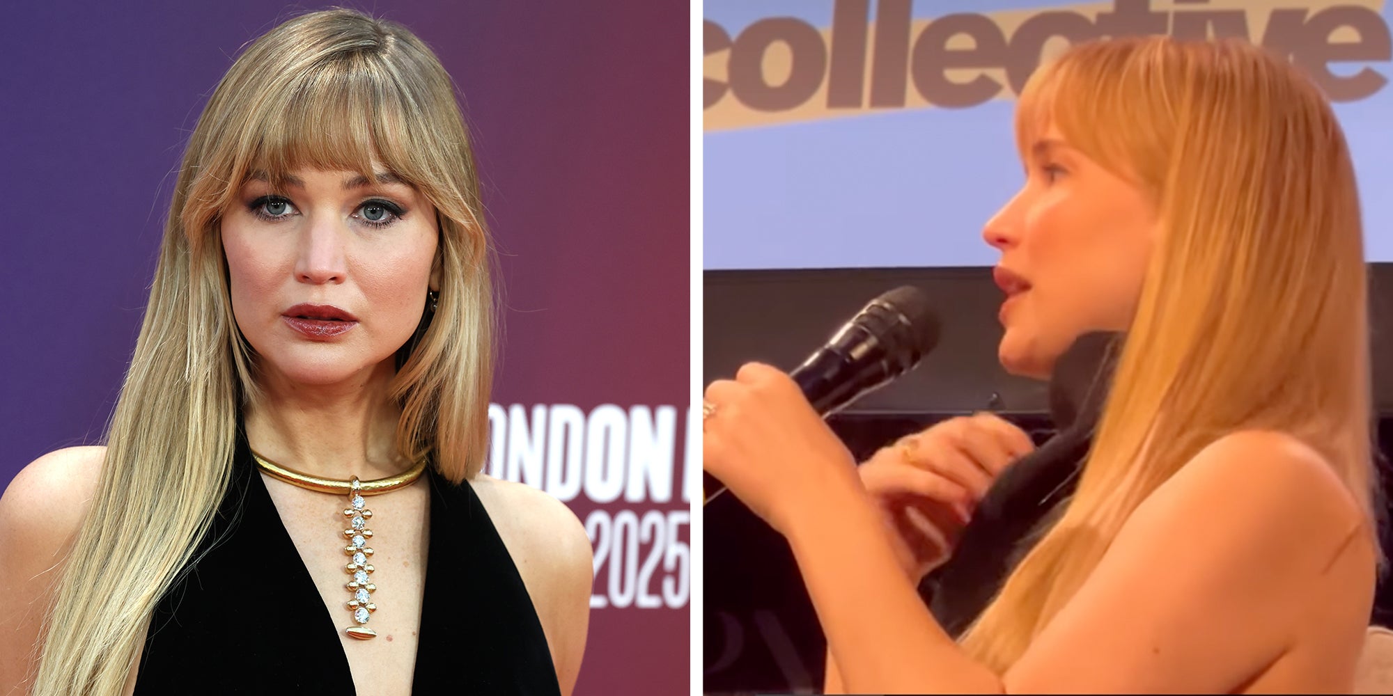 Left: Jennifer Lawrence attends the "Die My Love" UK premiere at the 69th BFI London Film Festival at The Royal Festival Hall. Right: Actress Jennifer Lawrence speaking into a microphone, side-angle view.