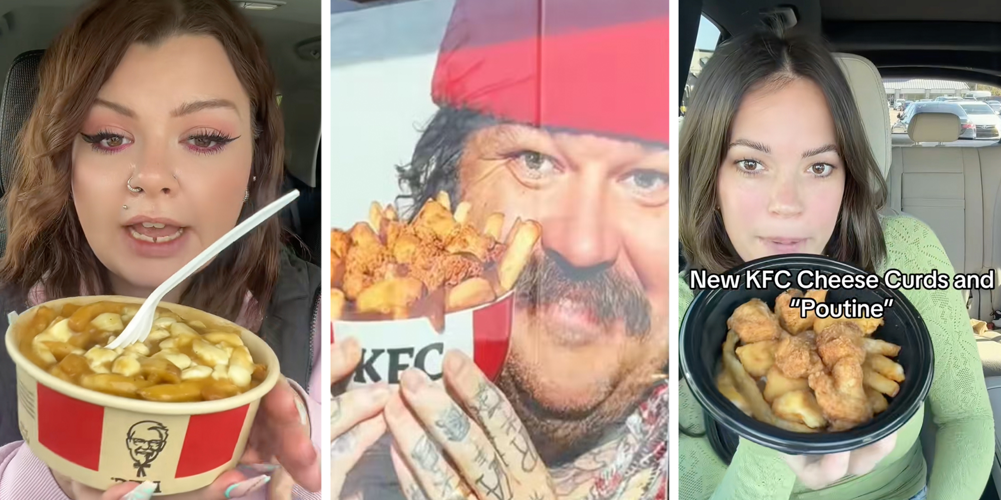 Left: Woman sitting in her car with KFC's new $5 poutine bowl. Middle: Canadian chef Matty Matheson holding a KFC $5 poutine bowl. Right: Woman sitting in her car holding KFC's new $5 poutine bowl, text overlay reads, "New KFC cheese curds and 'poutine.'"