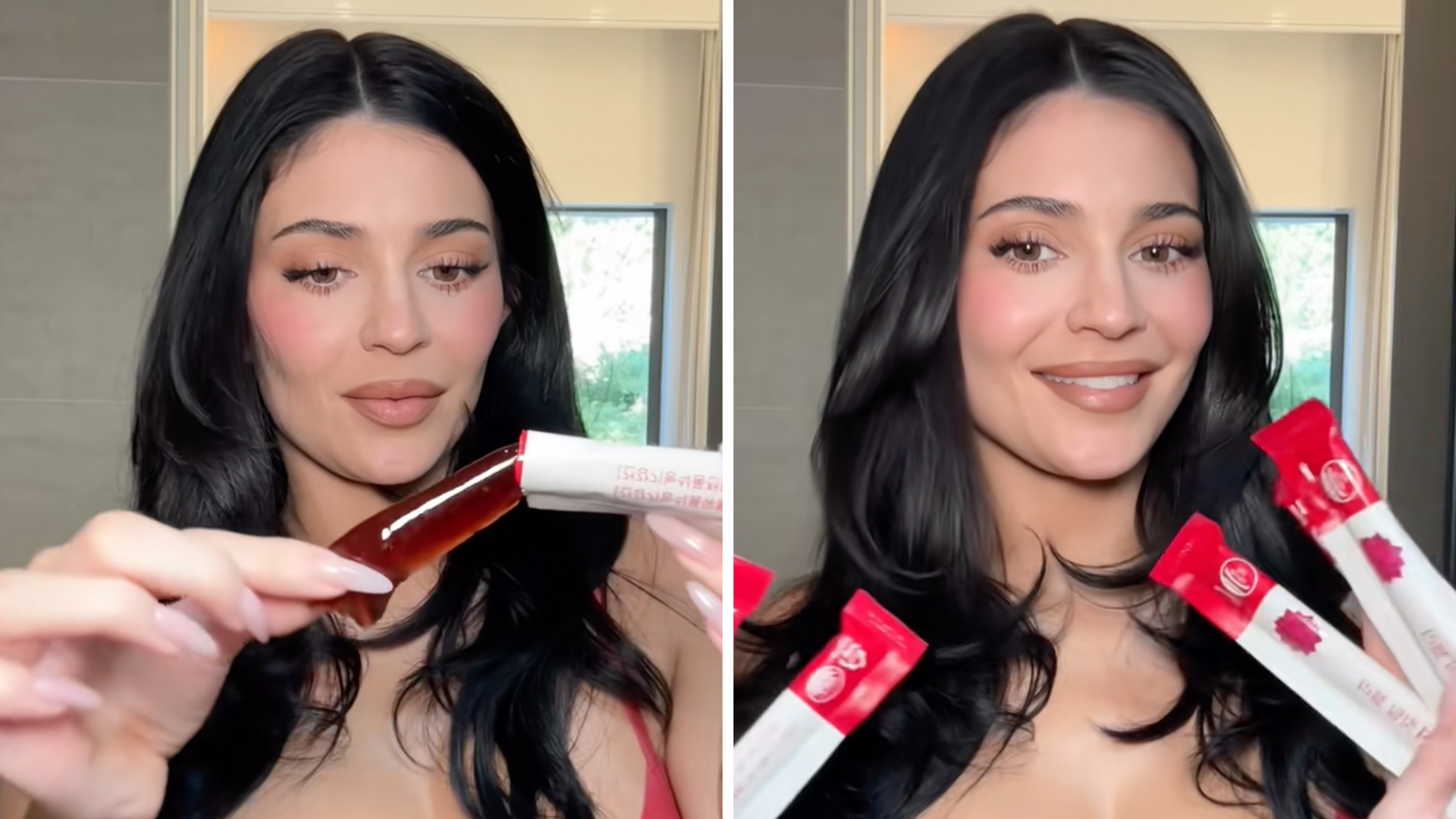 Kylie Jenner touching and holding up packets of Foodology's "cutting jelly."