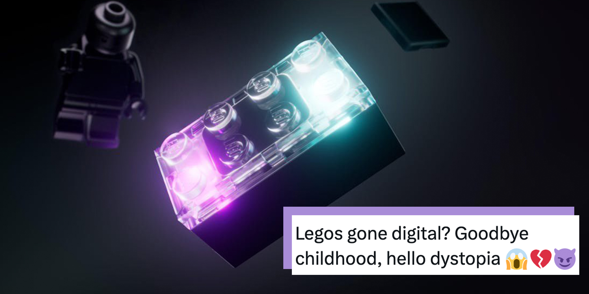 Lego Smart Brick at CES 2026. Tweet text overlay reads, "Legos gone digital? Goodbye childhood, hello dystopia."