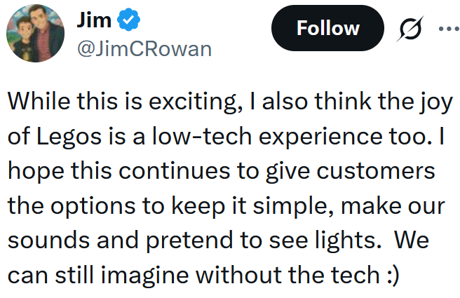Tweet reading "While this is exciting, I also think the joy of Legos is a low-tech experience too. I hope this continues to give customers the options to keep it simple, make our sounds and pretend to see lights. We can still imagine without the tech :)"