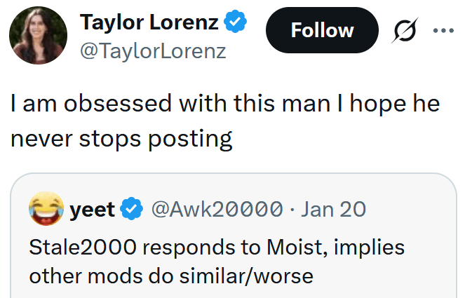 Tweet reading "I am obsessed with this man I hope he never stops posting"