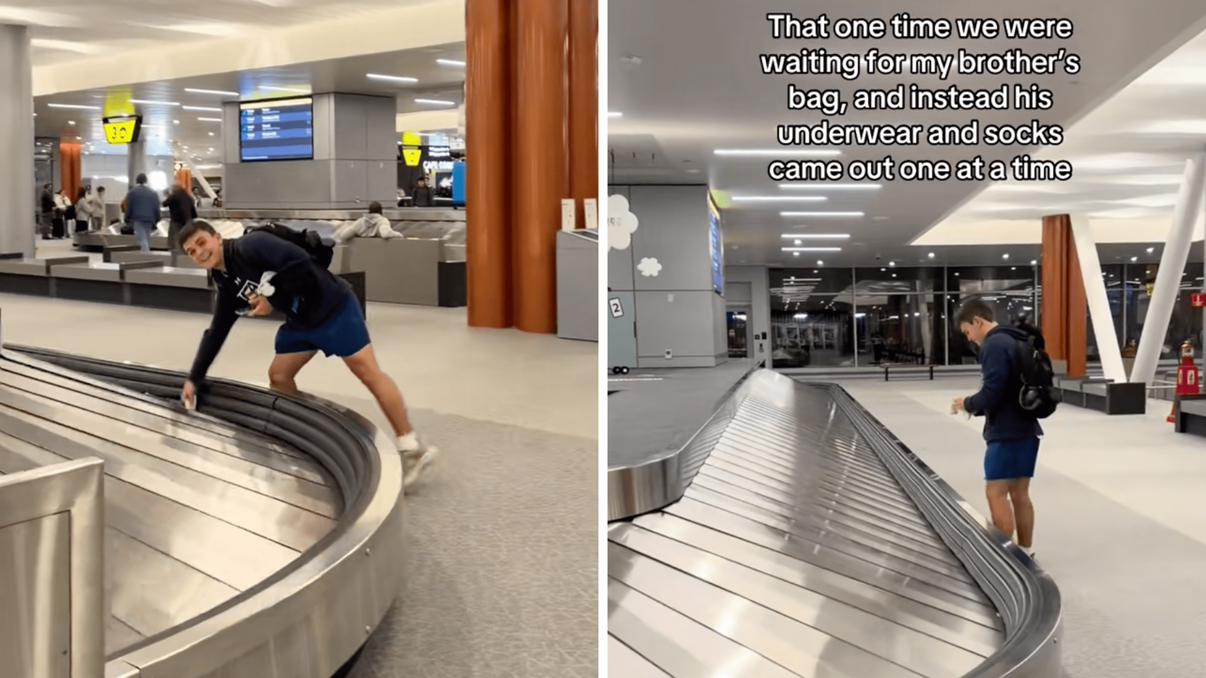 man waits for luggage as items come out one at a time