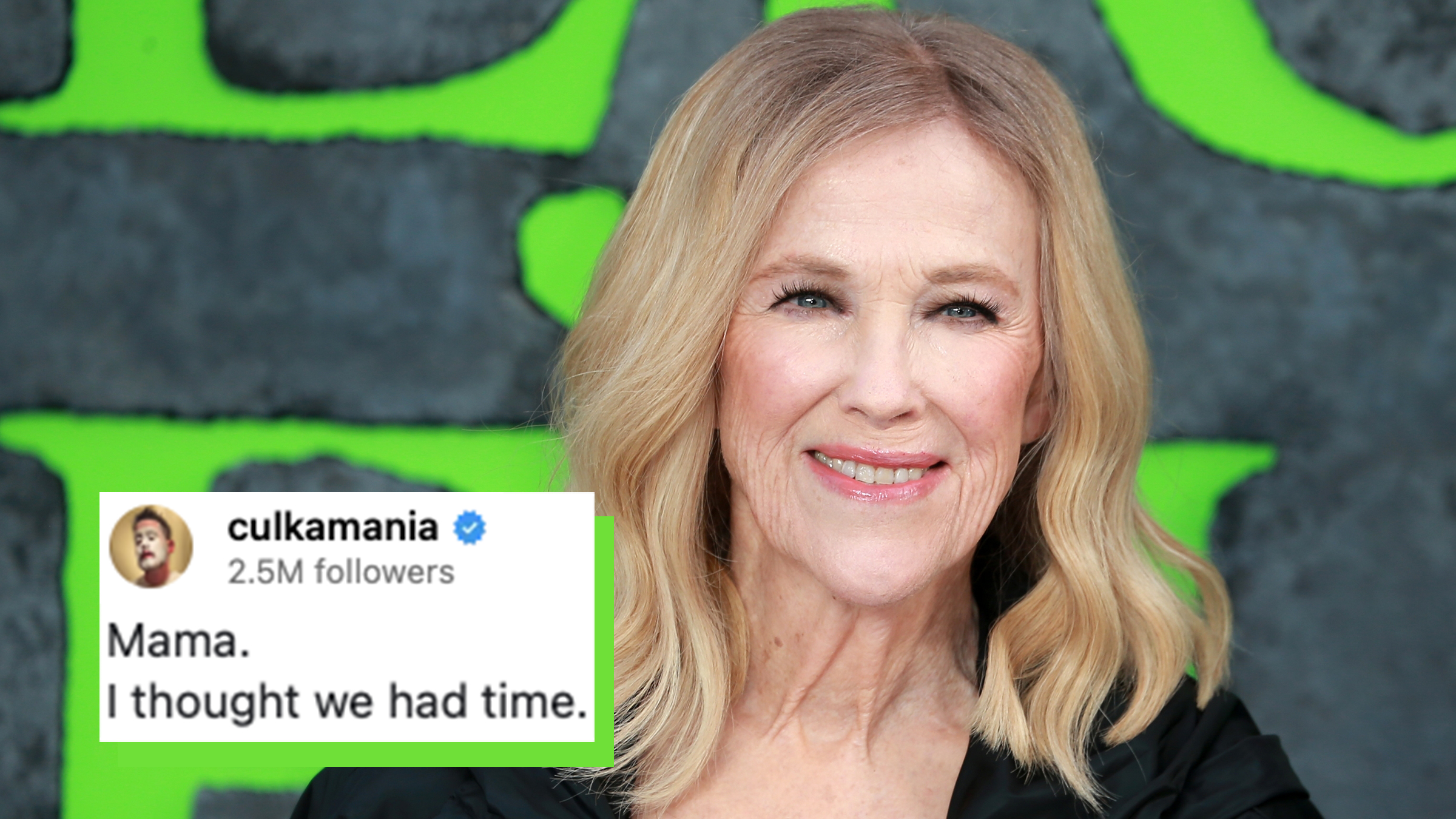 Catherine O'Hara attends the UK Premiere of "Beetlejuice Beetlejuice." Instagram comment overlay from actor Macaulay Culkin reads, "Mama. I thought we had time."