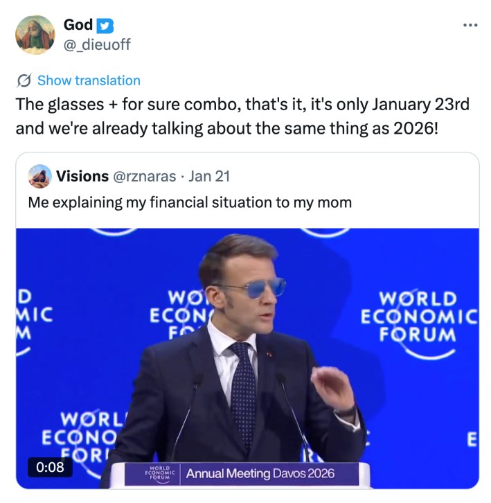 Tweet that reads, "The glasses + for sure combo, that's it, it's only January 23rd and we're already talking about the same thing as 2026!"