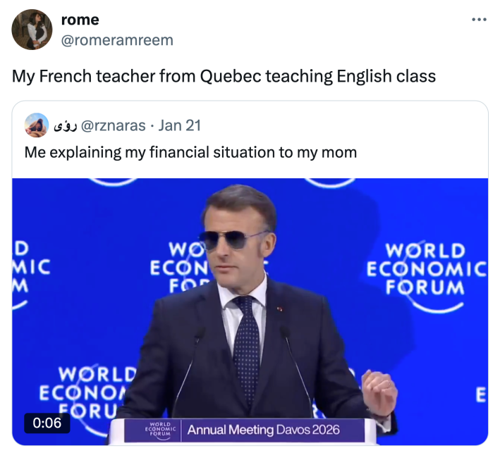 Tweet that reads, "My French teacher from Quebec teaching English class" with a video of Macron giving a speech at the World Economic Forum.