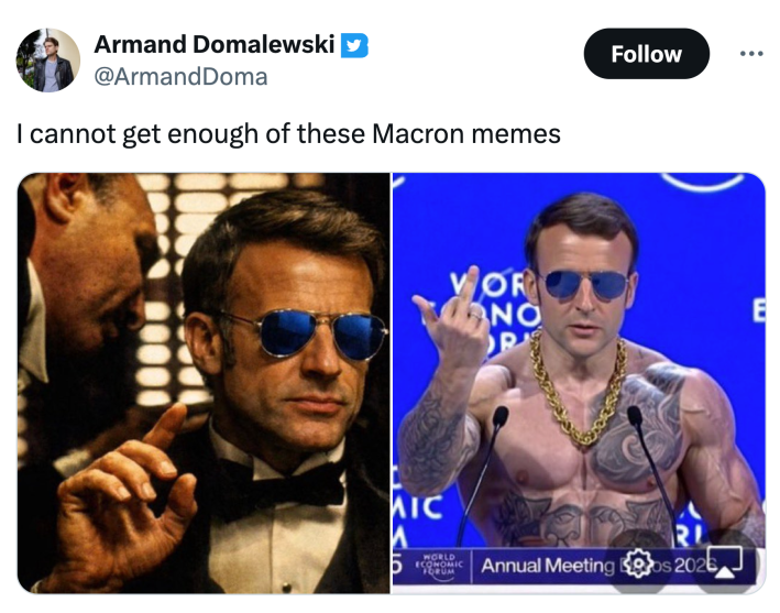 Tweet that reads, "I cannot get enough of these Macron memes" with screenshots of AI-edited images of Macron as a mafioso and a shirtless tattooed man giving the middle finger.