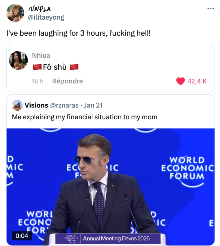 Tweet that reads, "I've been laughing for 3 hours, f*cking hell!" with a photo of Macron's "foshu" spelled phonetically like Chinese.