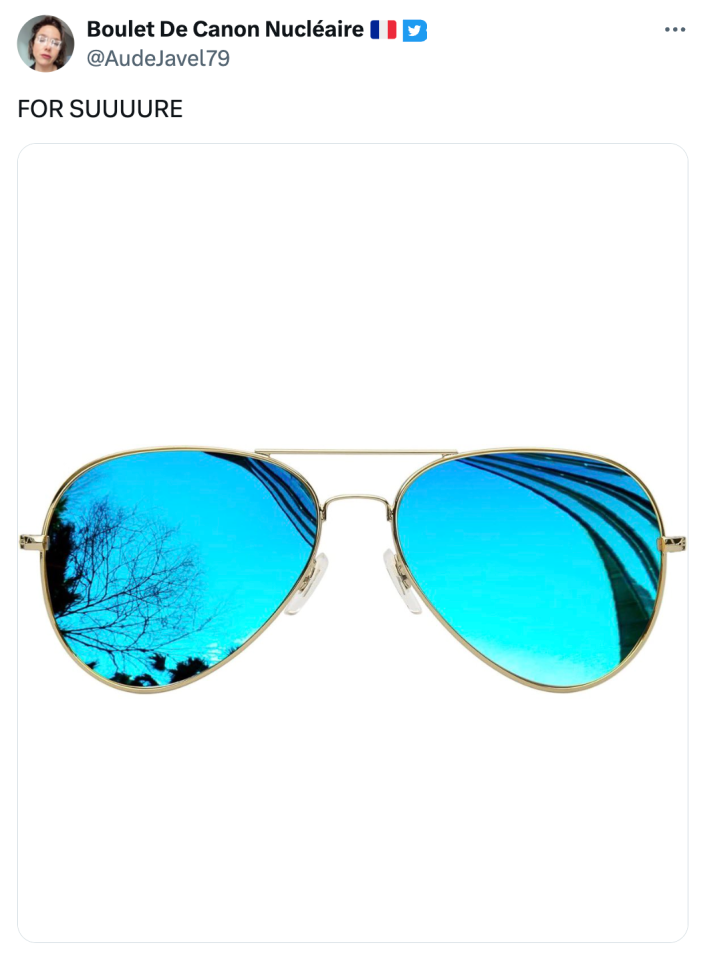 Tweet that reads, "FOR SUUUURE" with a photo of aviators with a blue sky and trees in the reflection.