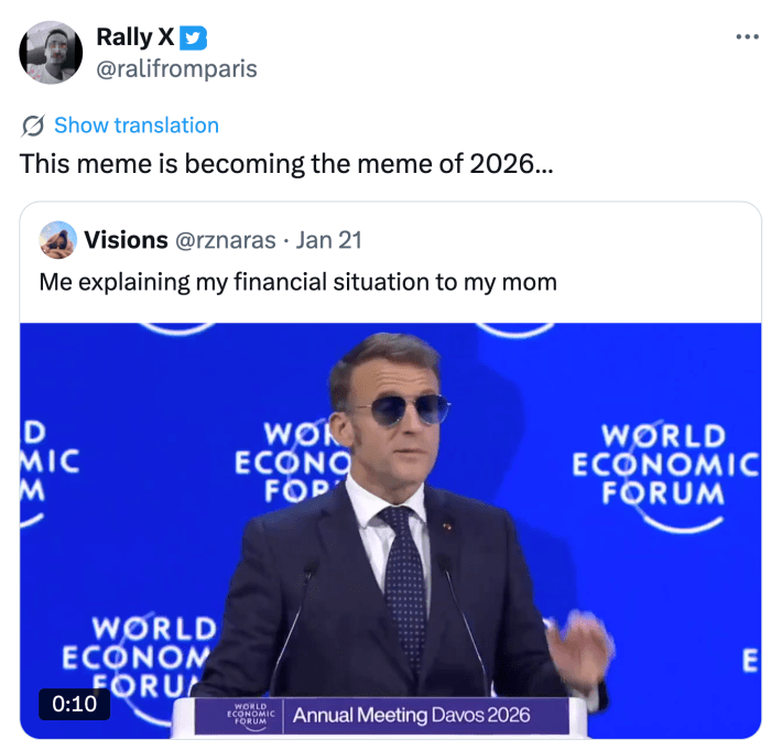 Tweet that reads, "This meme is becoming the meme of 2026…" with a video of Macron giving a speech at the World Economic Forum.