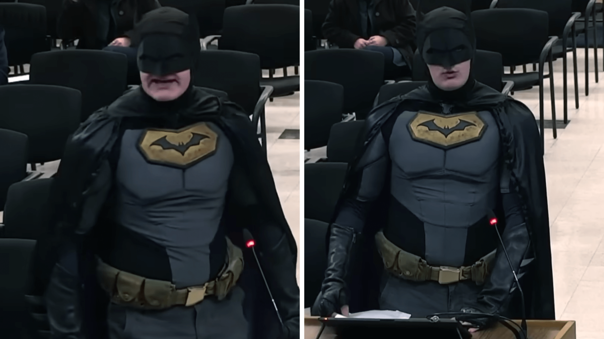 man dressed as batman speaks to local government about ice