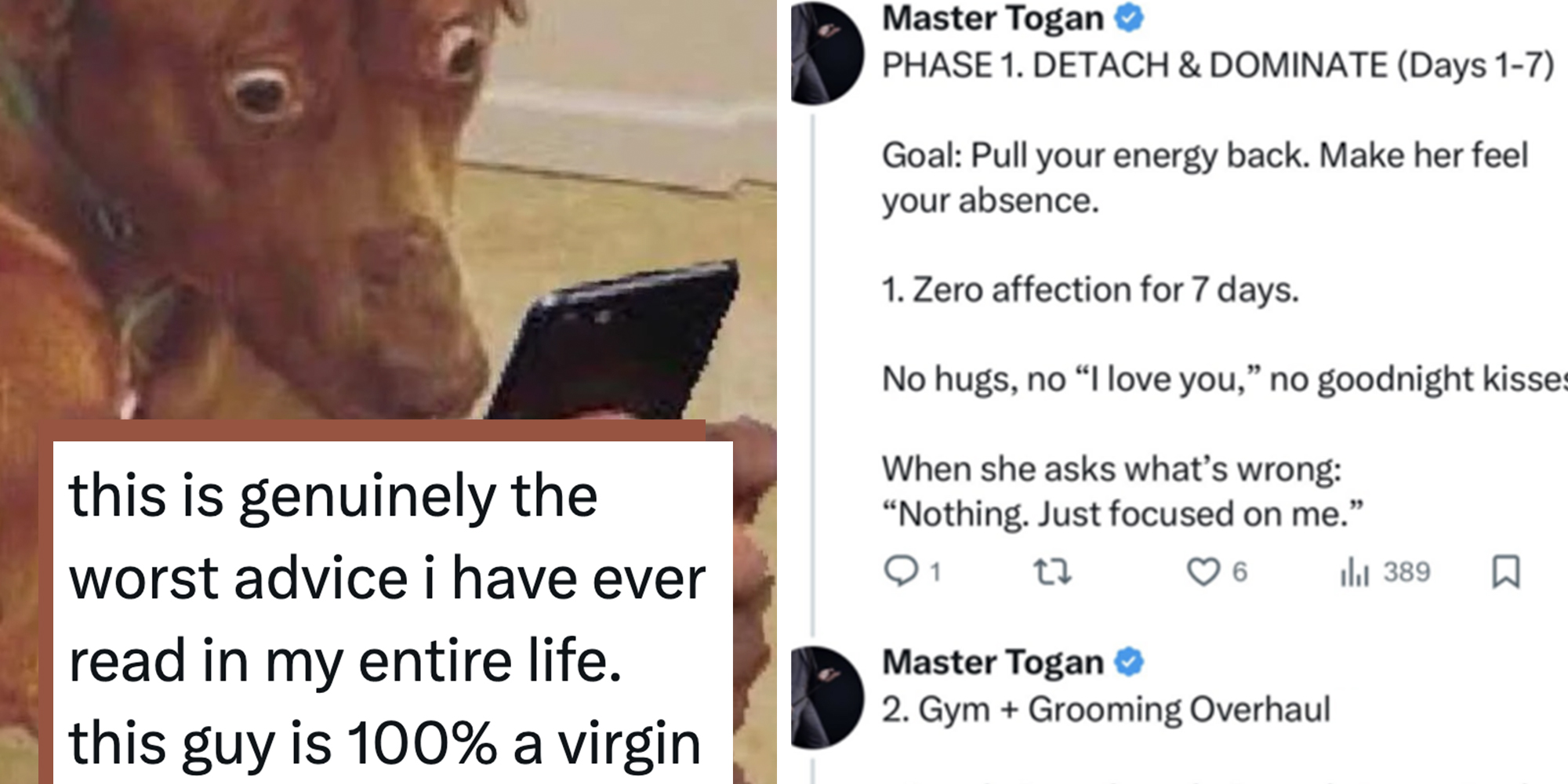 Left: meme of dog looking shocked and scared looking at a phone, tweet text overlay reads, "this is genuinely the worst advice i have ever read in my entire life. this guy is 100% a virgin." Right: Screenshot of marriage advice from a manosphere influencer.