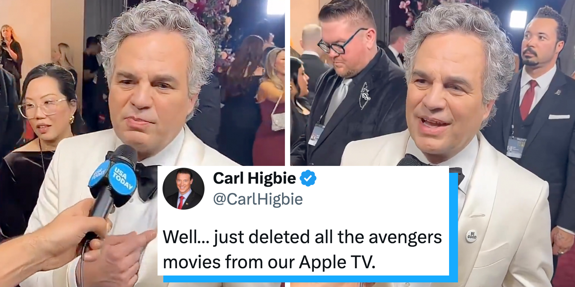 Mark Ruffalo wearing a white tux at the 2026 Golden Globes. Tweet text overlay from Newsmax host Carl Higbie reads "Well.... just deleted all the avengers movies from our Apple TV."