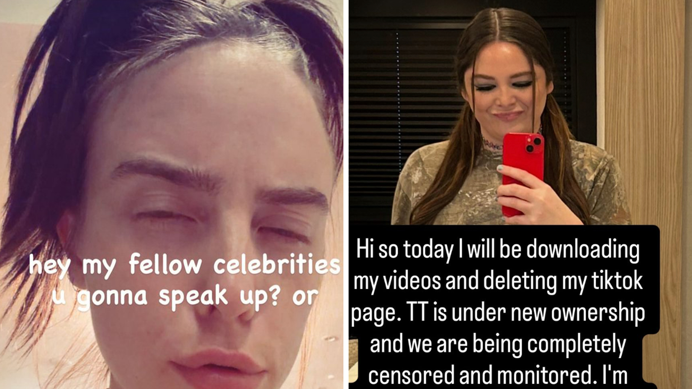 Left: Instagram Story from Billie Eilish, close-up of her face with a skeptical expression, text overlay reads, "hey my fellow celebrities you gonna speak up? or." Right: Comedian Meg Stalter selfie, text overlay reads, "Hi so today I will be downloading my videos and deleting my TikTok page. TT is under new ownership."