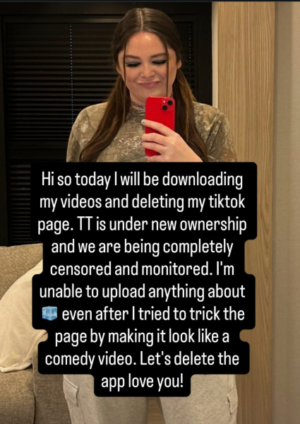 Selfie de Meg Stalter, leituras de sobreposição de texto, "Olá, hoje irei baixar meus vídeos e excluir minha página do TikTok. A TT está sob nova direção e estamos sendo completamente censurados e monitorados. Não consigo enviar nada sobre o ICE, mesmo depois de tentar enganar a página, fazendo com que pareça um vídeo de comédia. Vamos deletar o app te amo!"