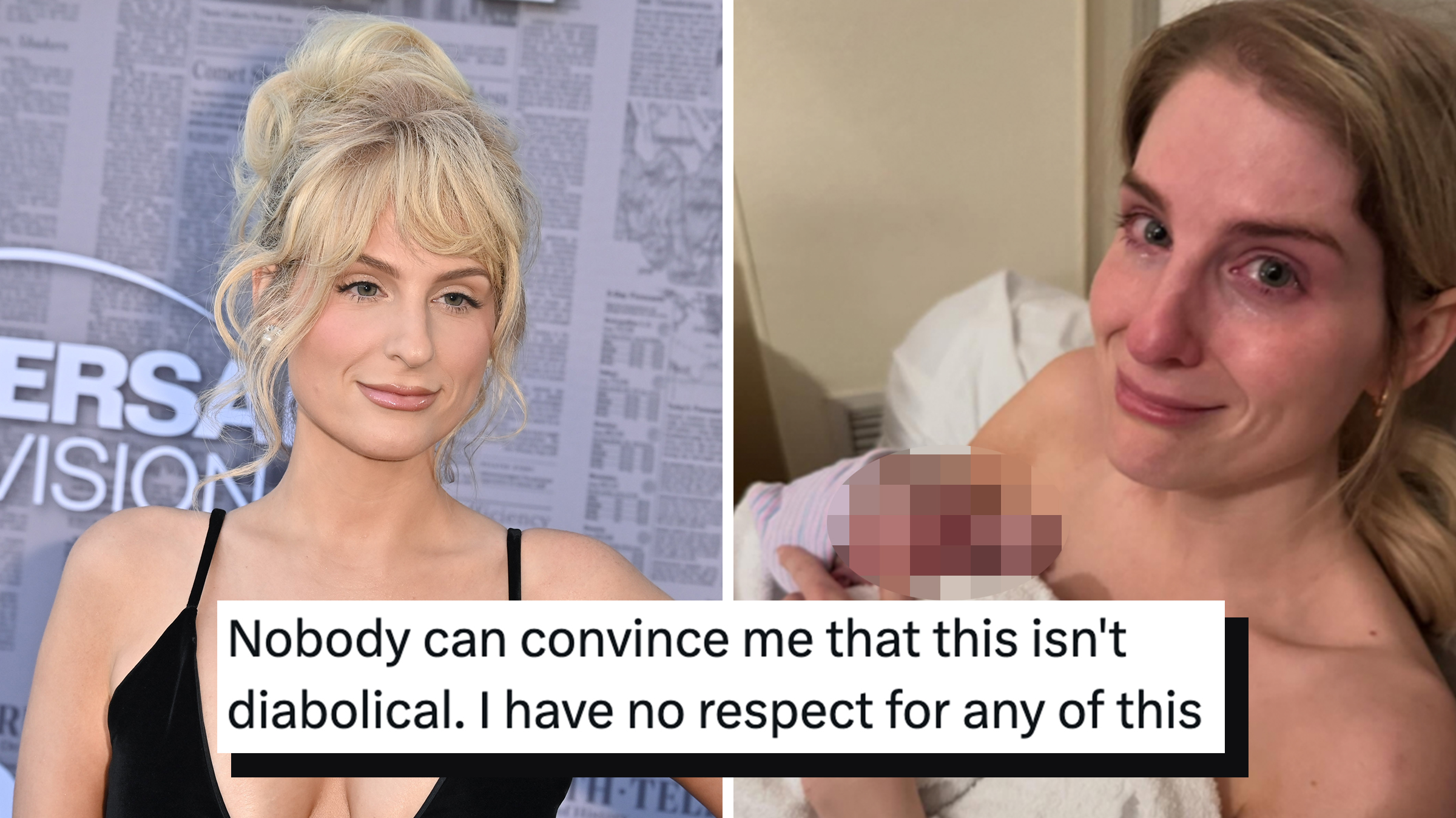 Left: Meghan Trainor wearing an updo and a black dress at a premiere. Right: Singer Meghan Trainor holding a newborn baby. Tweet text overlay reads, "Nobody can convince me that this isn't diabolical. I have no respect for any of this."
