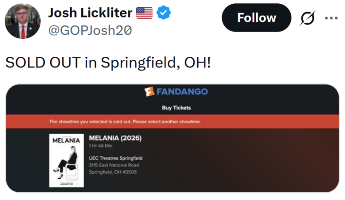 Tweet reading "SOLD OUT in Springfield, OH!" with a Fandango screenshot.