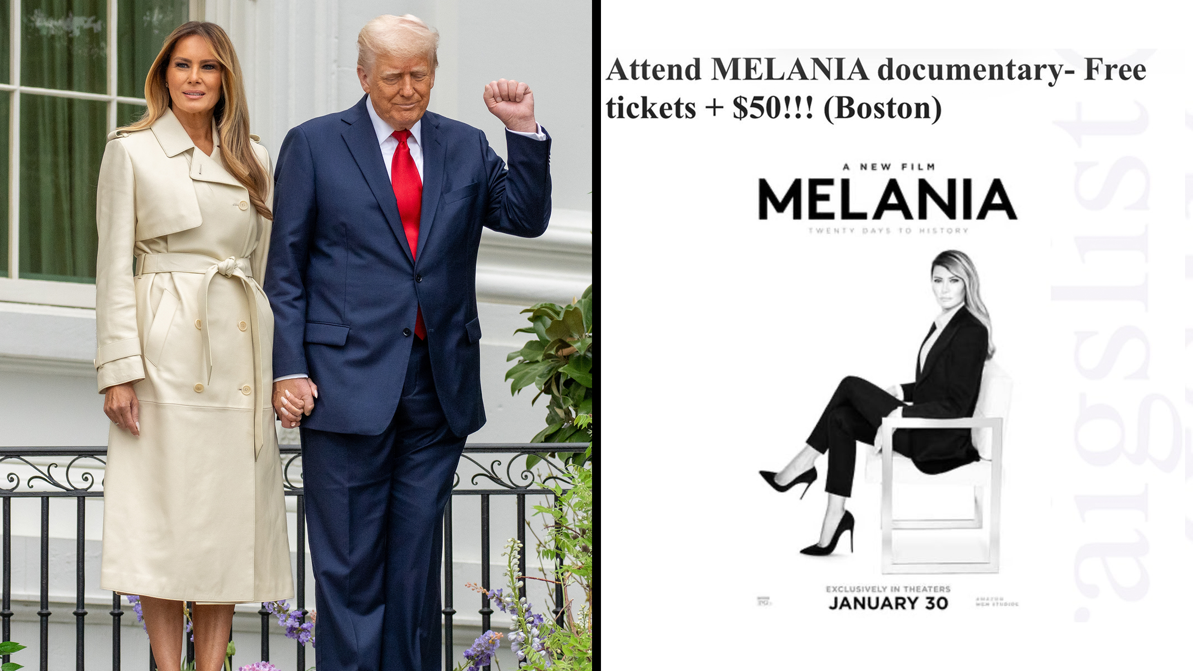 Left: President Donald Trump and First Lady Melania Trump host the 2025 Easter Egg Roll. Right: Boston Craigslist ad featuring an image of the "Melania" film, Craiglist header reads, "Attend MELANIA documentary at any Boston area theatre during opening weekend (this upcoming weekend). Free tickets + $50 per seat occupied."