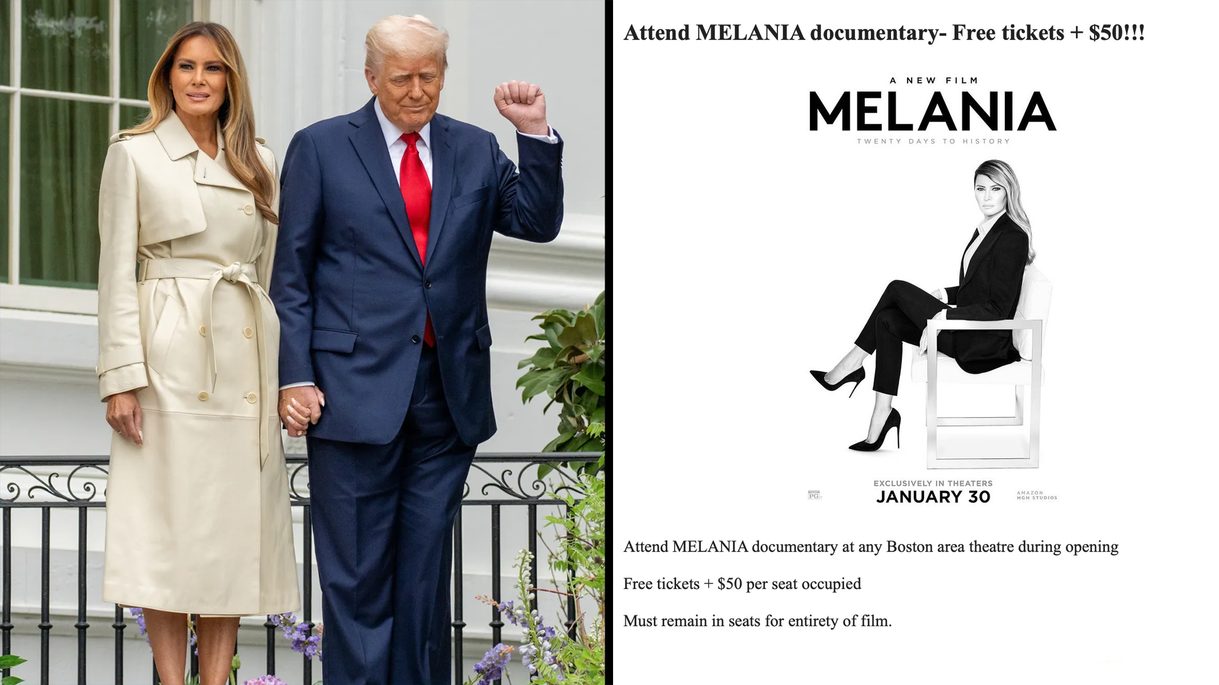Left: President Donald Trump and First Lady Melania Trump host the 2025 Easter Egg Roll. Right: Boston Craigslist ad featuring an image of the "Melania" film, Craiglist header reads, "Attend MELANIA documentary at any Boston area theatre during opening weekend (this upcoming weekend). Free tickets + $50 per seat occupied."
