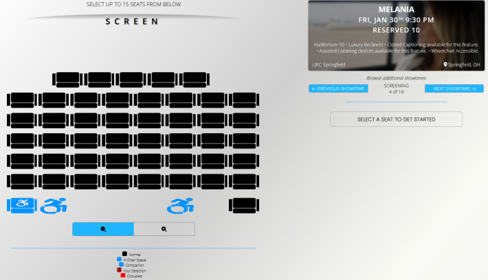 Screenshot of the UEC Springfield theater showing zero sold seats for "Melania" at 9:30 p.m. on Friday, Jan. 30.