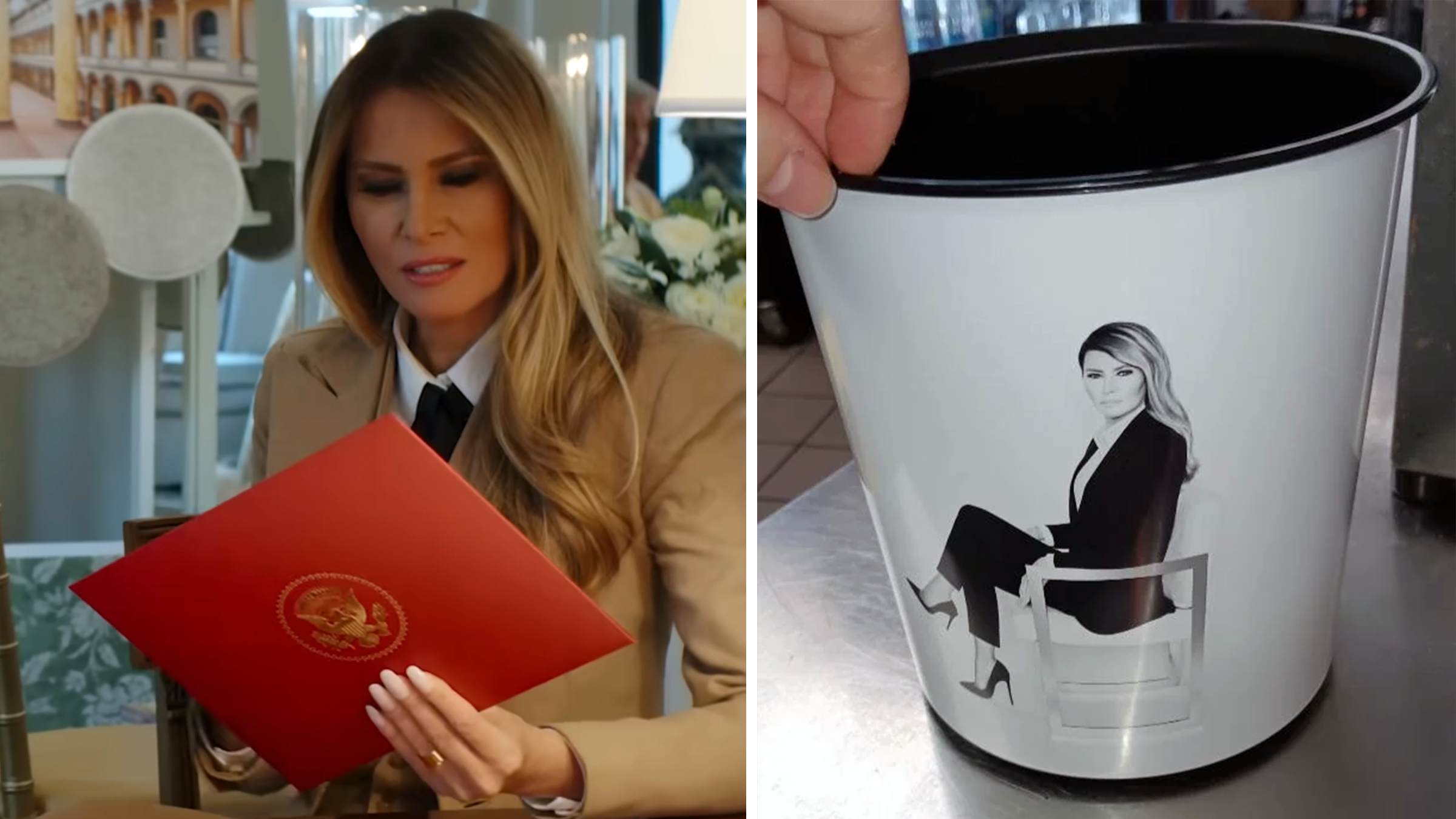 Left: Melania Trump holds an official envelope. Right: A popcorn bucket featuring Melania