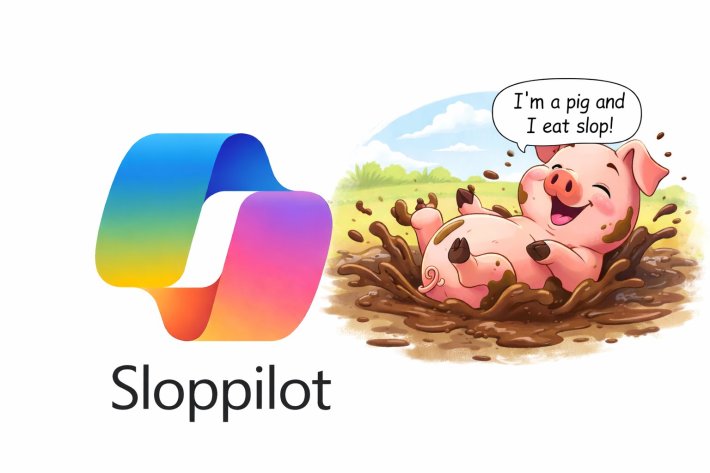 Copilot logo with the text "Sloppilot" below it. An image of a happy pig in mud is saying, "I'm a pig and I eat slop!"