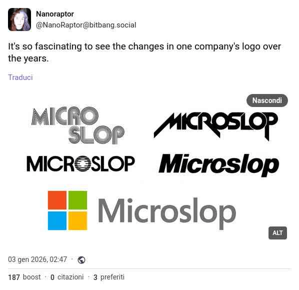 Meme that reads, "It's so fascinating to see the changes in one company's logo over the years." There are five fake Microsoft logos that instead say, "Microslop" in the original logos' fonts.